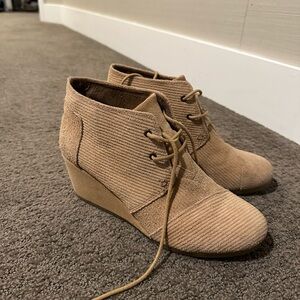 Toms Tan Corduroy Wedge Booties
